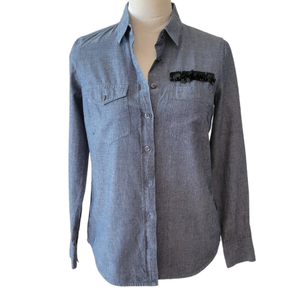 J. Crew Sequin Pocket Chambray Button‎ Down Shirt Size 2